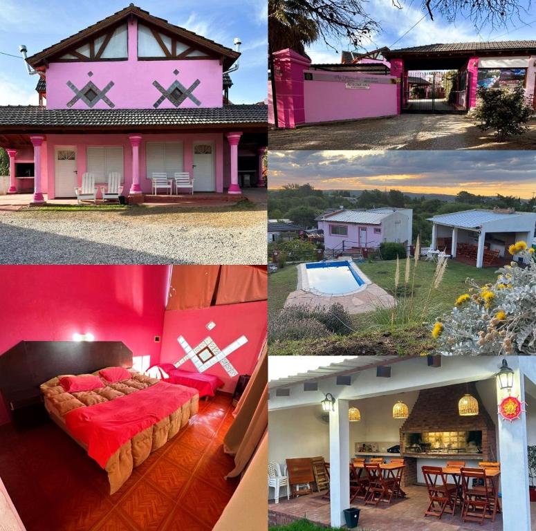 uma colagem de fotos de uma casa rosa em Cabañas & Apart Yki Shamuaika em Capilla del Monte