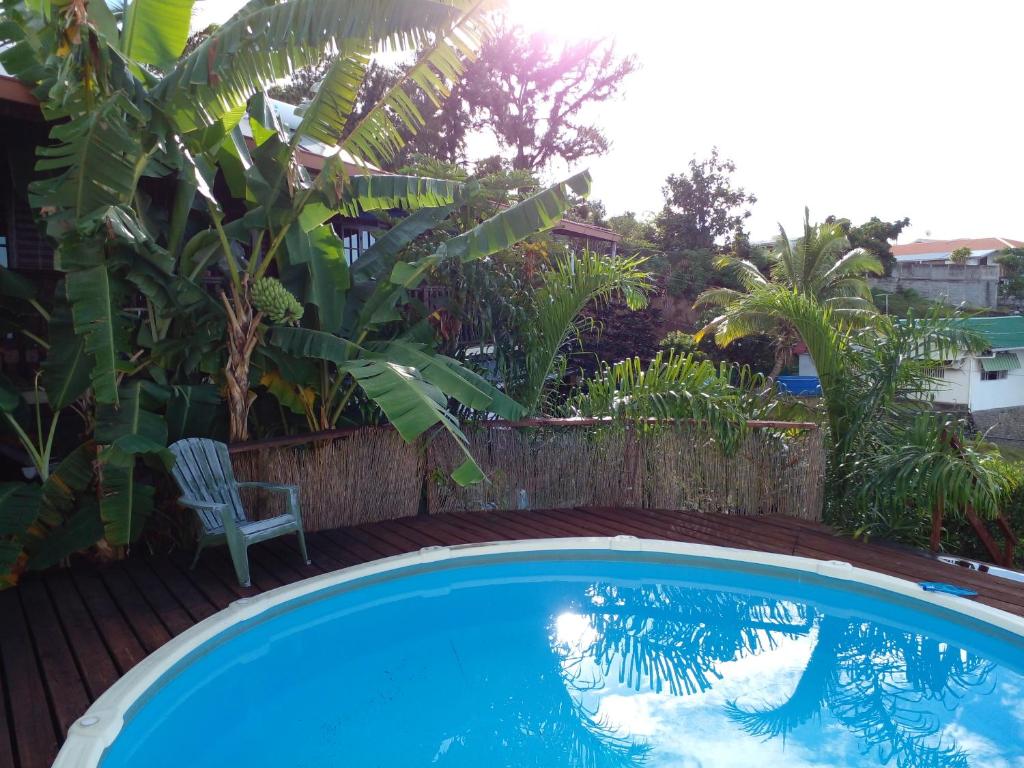 uma piscina azul com uma cadeira num jardim em Enzo lodge chambre hibiscus em Papawa