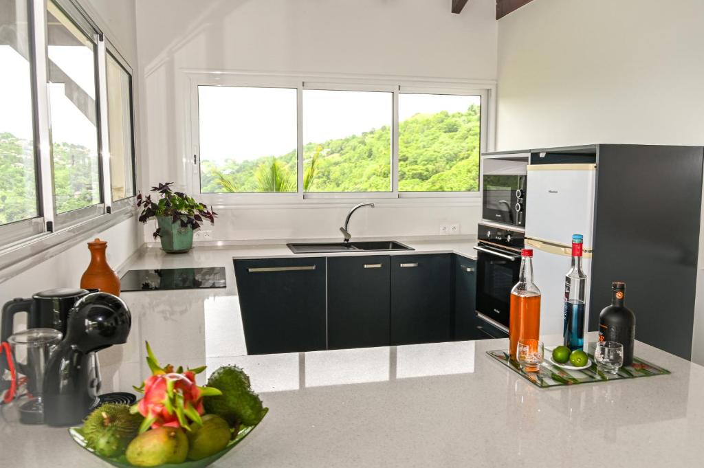 uma cozinha com um lavatório e uma taça de fruta no balcão em Villa Grenade (haut) - Vue mer et Fort-De-France em Sainte-Luce