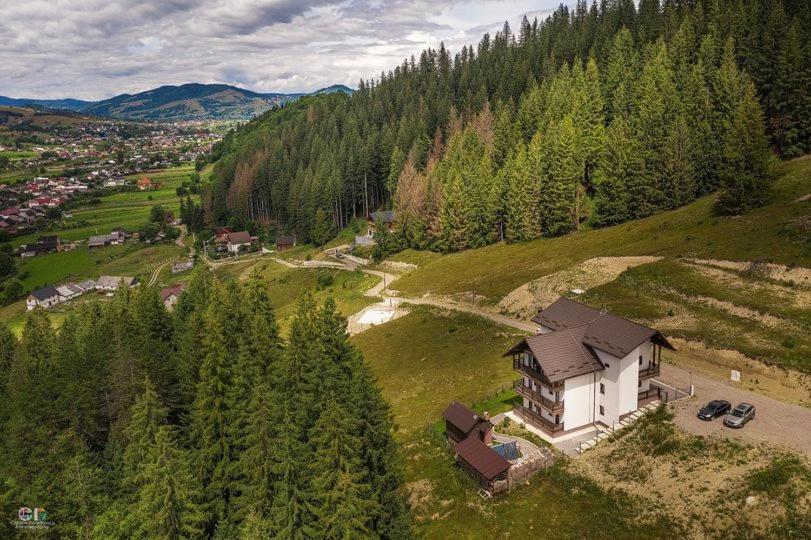 古拉哈莫盧洛伊的住宿－Drag de Bucovina，树木茂密的山丘上房屋的空中景观