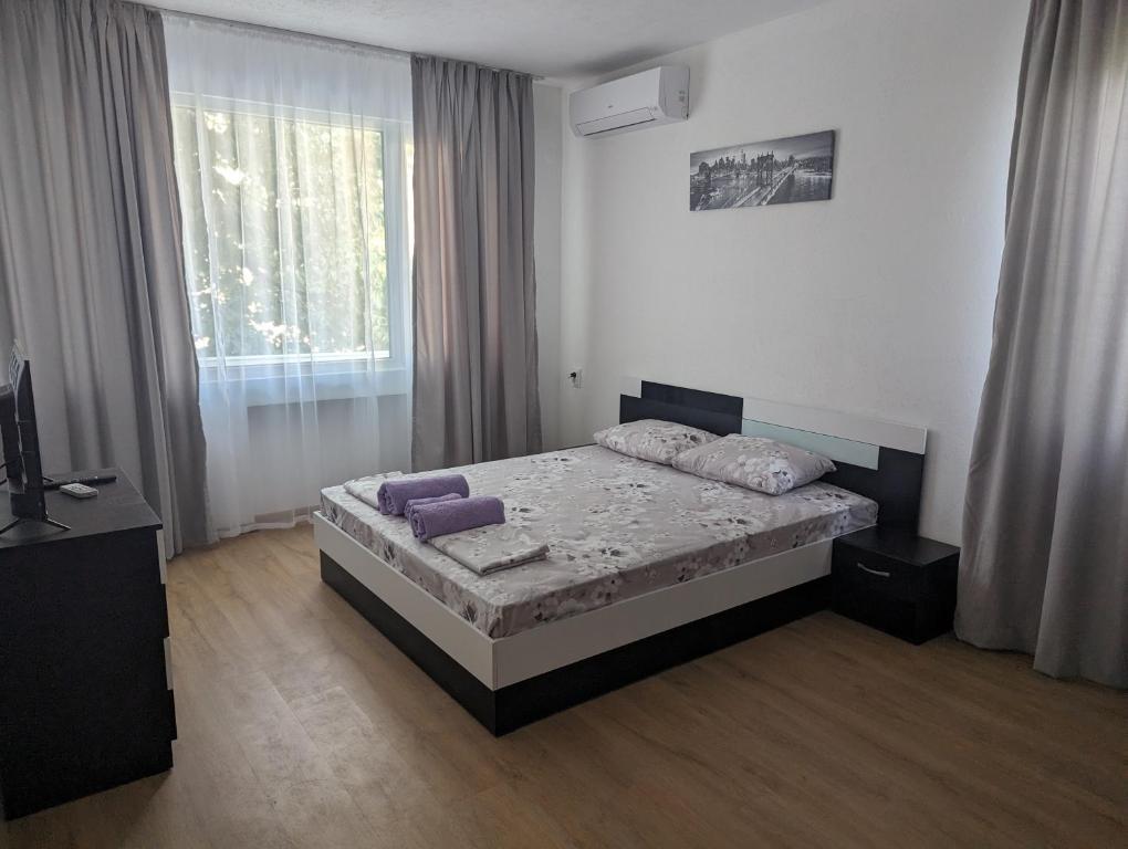ein Schlafzimmer mit einem Bett und einem großen Fenster in der Unterkunft Апартамент Габи in Karlowo