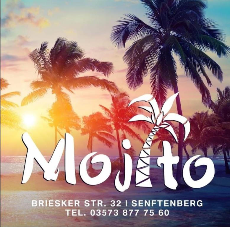 a flyer for a beach resort with palm trees at Pension Mojito Senftenberg in Senftenberg