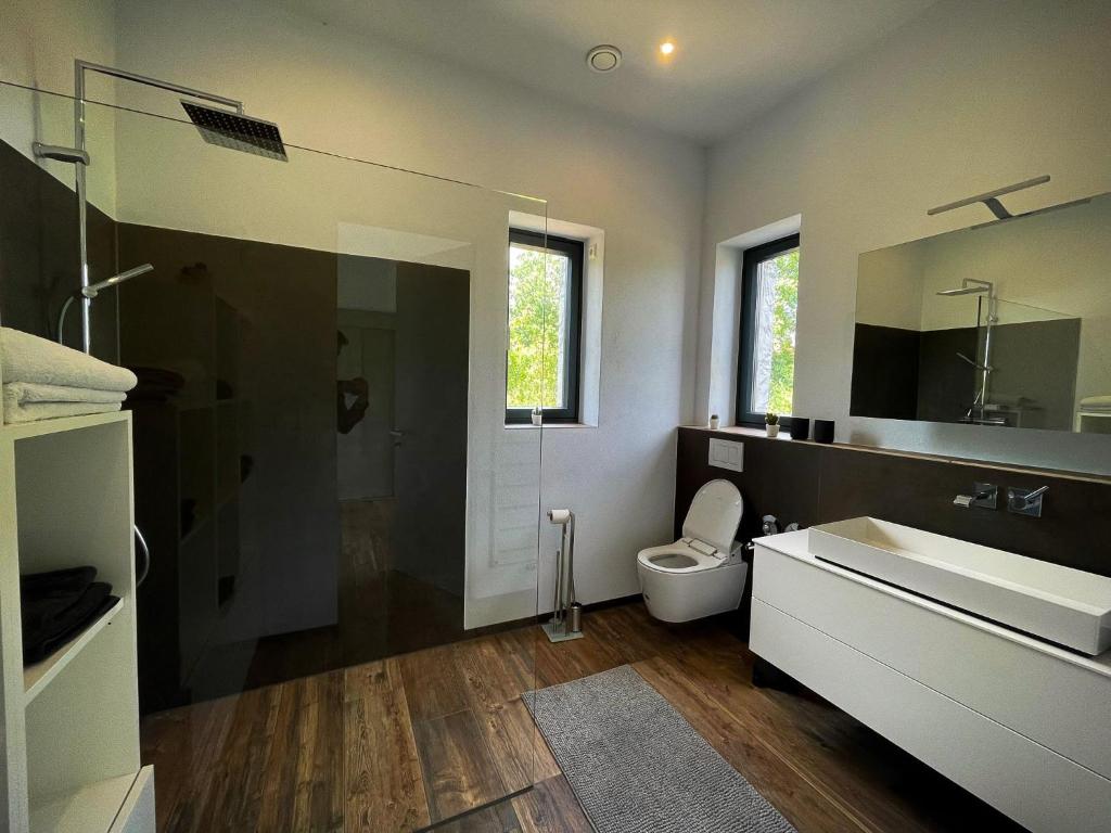 uma casa de banho com um lavatório, um WC e um espelho. em Privatzimmer nahe Legoland em Niederstotzingen