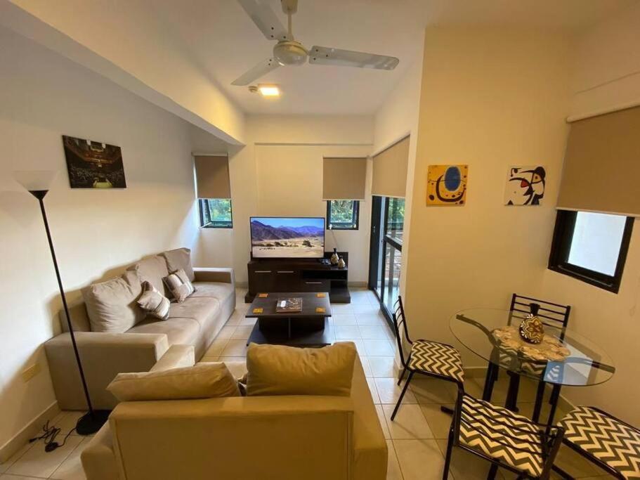 ein Wohnzimmer mit einem Sofa und einem TV in der Unterkunft HERMOSO DPTO DE 2 DORMITORIOS CON GARAGE PRIVADO in San Lorenzo
