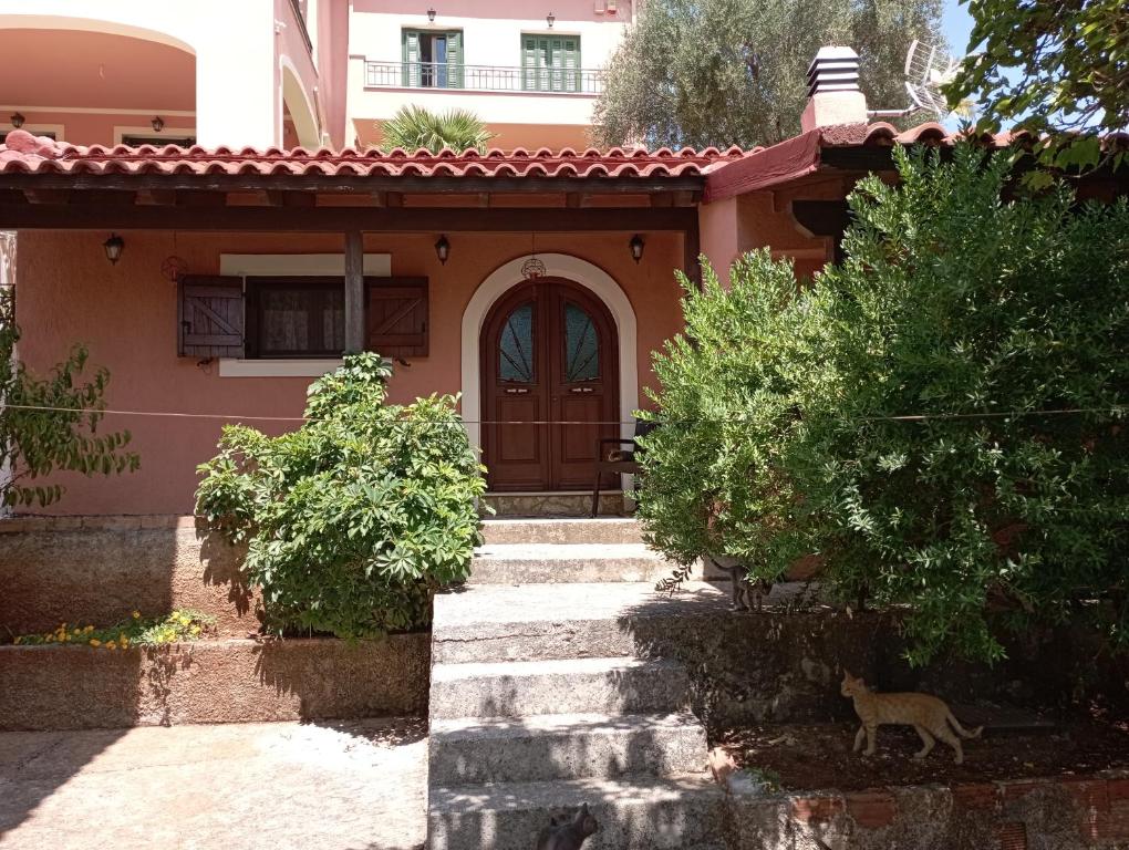 a house with a cat walking in front of it at Studio Matina in Valsamáta