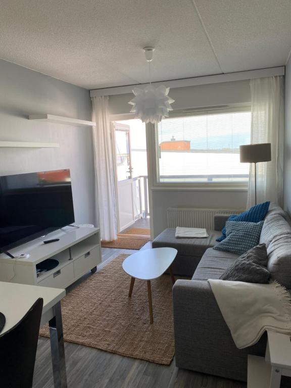 ein Wohnzimmer mit einem Sofa und einem TV in der Unterkunft Viihtyisä huoneisto keskustassa. in Kotka