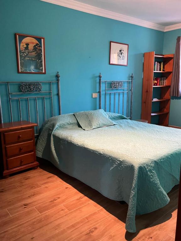a blue bedroom with a bed and a book shelf at Encanto Natural de Arinaga in Arinaga