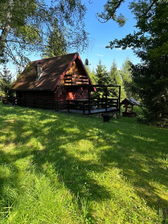 Eine alte Scheune auf einem grünen Rasen in der Unterkunft Domek na Polance in Rajcza