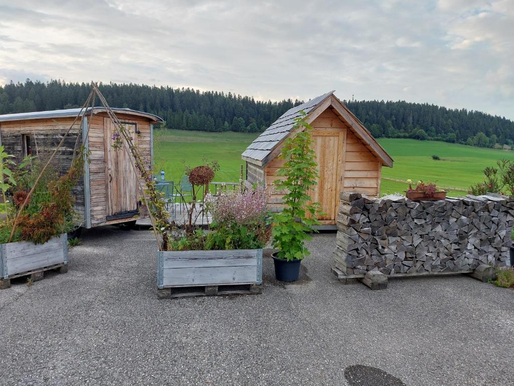 a garden with two huts and some potted plants at Drosera cabane et roulotte in La Chaux-du-Milieu