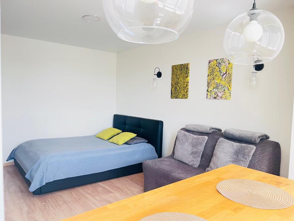 ein Wohnzimmer mit einem Bett und einem Sofa in der Unterkunft Cozy apartment with lake view in Trakai