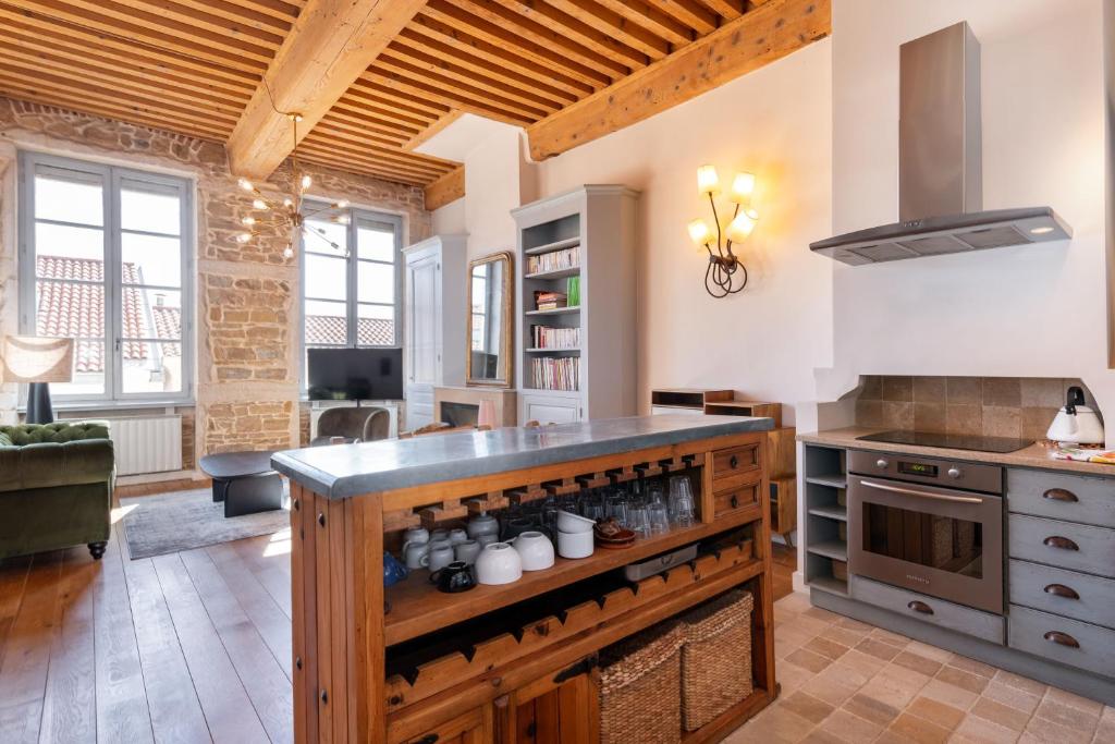 a kitchen with a stove and a counter top at Le Cocon Pacôme Les Autres in Lyon