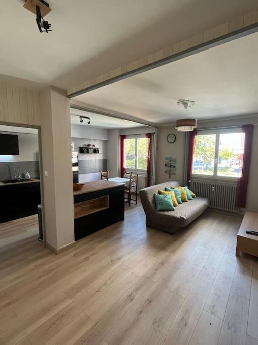 un salon avec un canapé et une cuisine dans l'établissement Appartement cosy Gare St-Etienne, à Saint-Étienne
