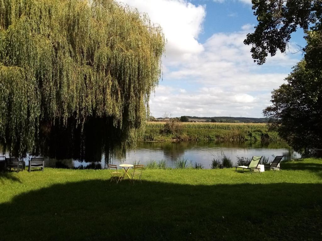 uma mesa de piquenique e cadeiras debaixo de uma árvore ao lado de um rio em Havre de paix au bords de l'Eure - divers hébergements em Neuilly