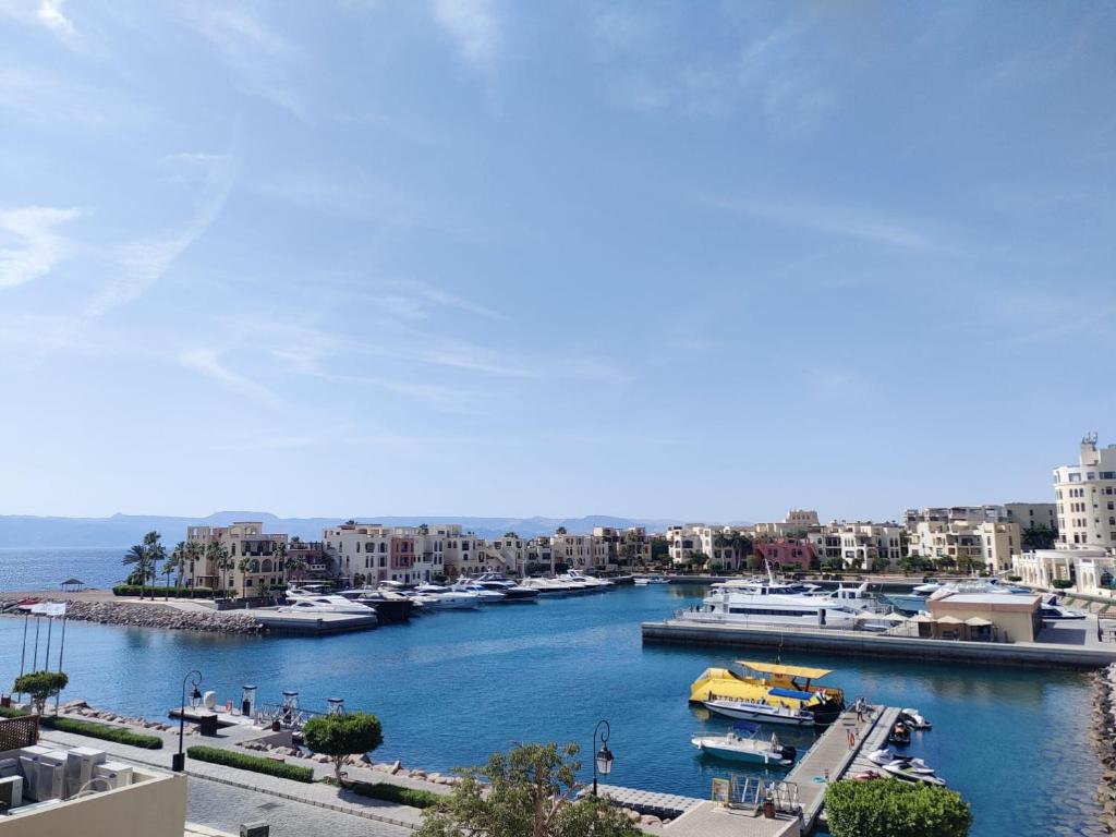 a group of boats docked in a harbor at شقق تالابيه talabay apartment swimming pools and sea view Aqaba in Aqaba