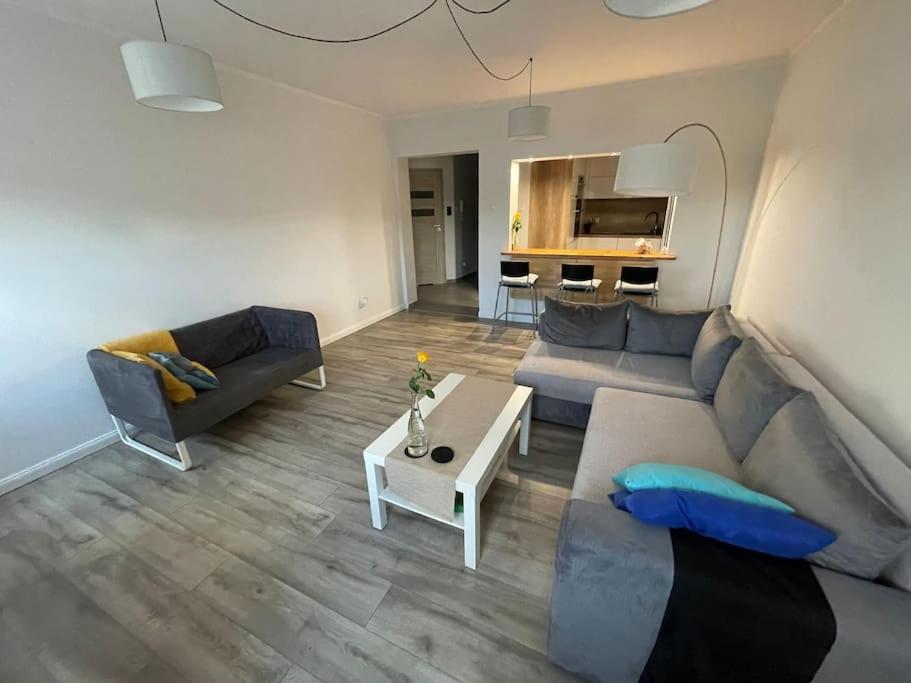 a living room with a couch and a table at Apartament 20 in Radków