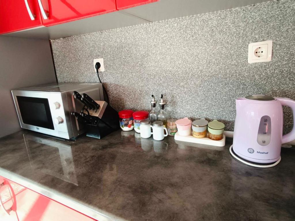 a kitchen counter with a coffee maker and a microwave at Poseidon House in Mostar