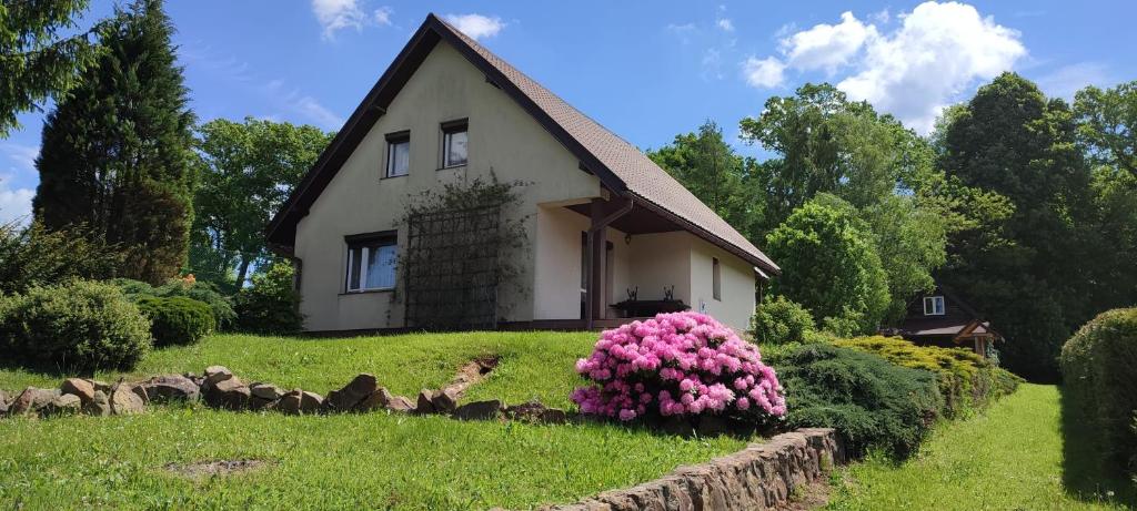 une petite maison avec des fleurs roses dans la cour dans l'établissement Domek w Grabówce, 
