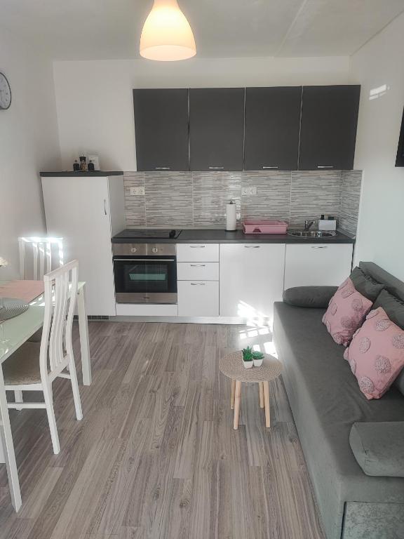 a kitchen and a living room with a couch and a table at Apartment MARI in Ostrvica