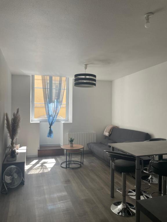 - un salon avec un canapé et une table dans l'établissement Appartement calme au cœur de la ville, à Lons-le-Saunier