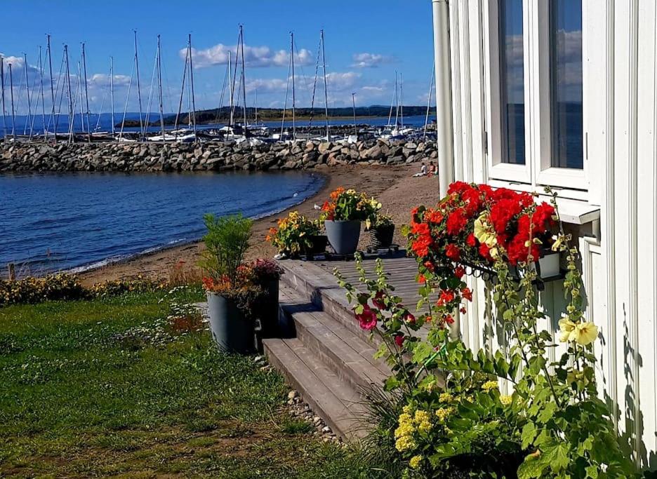 una casa con flores a un lado y un puerto en Charming beach house, en Moss