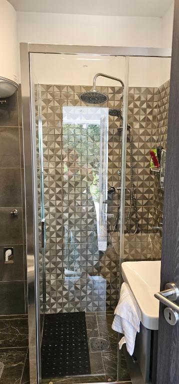 a shower with a glass door in a bathroom at Aleksandro&Michell in Rijeka