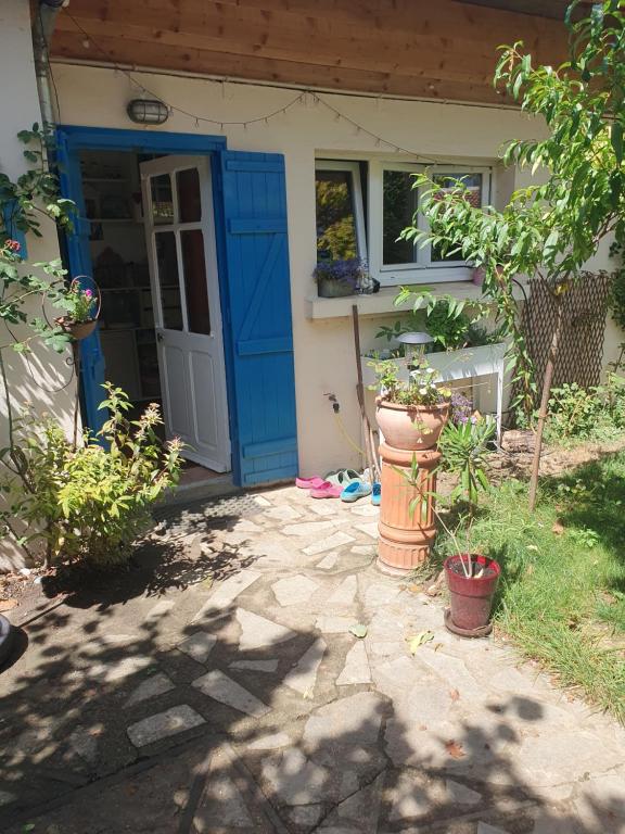 ディジョンにあるLe Clos du Moulin Dijon , charme et calme proche centre historique, la campagne à la villeの青い扉と植物のある家