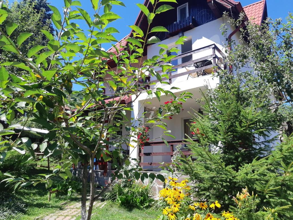 - un bâtiment blanc avec un jardin en face dans l'établissement Vila Mikdonia - Predelut Home, à Predeluţ