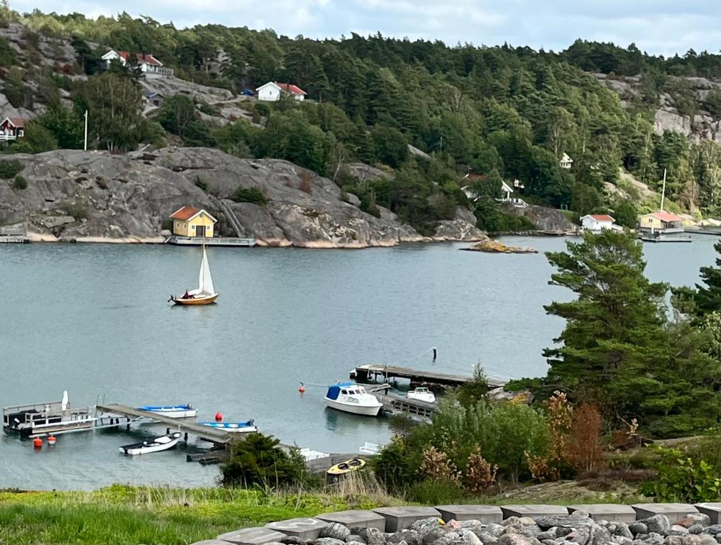 a sail boat is docked at a dock on a lake at Sea view chalet in Hjälteby