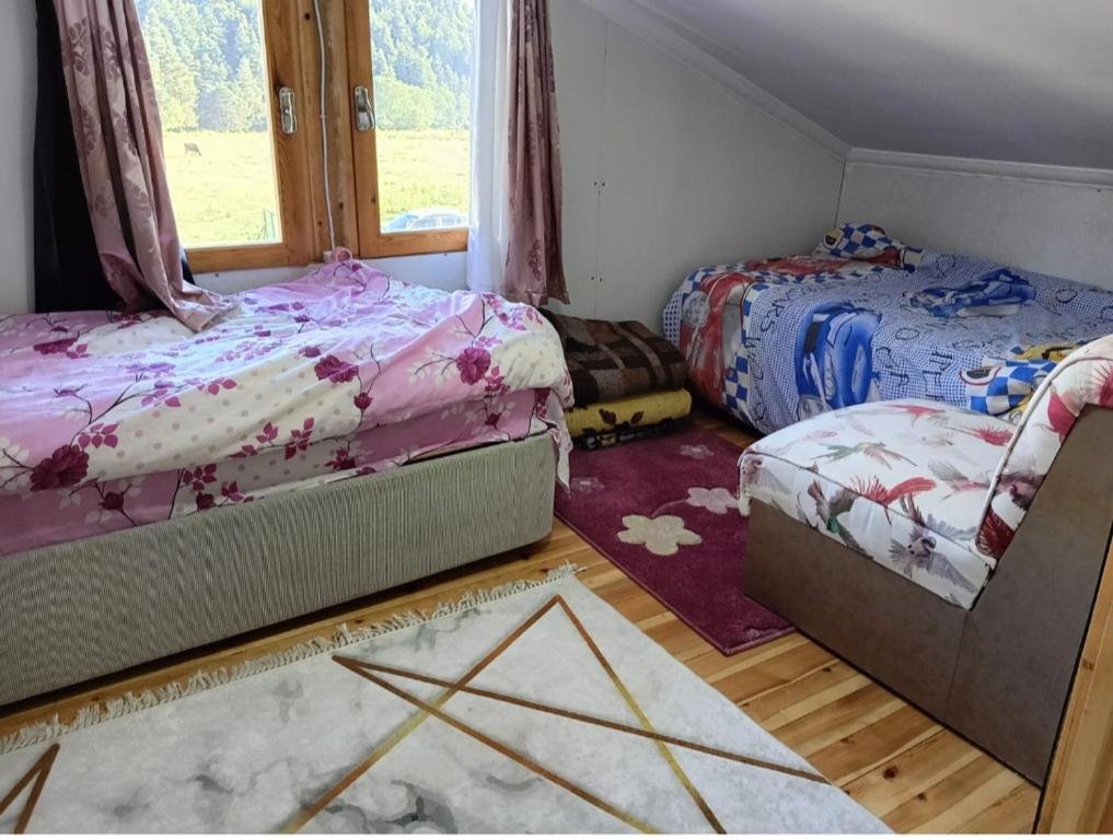 1 dormitorio con 2 camas y ventana en Bolu dağ evi at yaylası, 