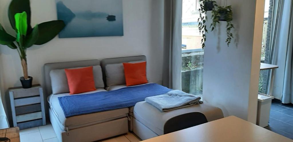 ein kleines Schlafzimmer mit einem Bett mit orangefarbenen Kissen in der Unterkunft A Namur même, rez avec terrasse in Namur