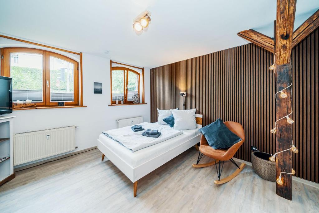 1 dormitorio con 1 cama, 1 silla y TV en Fewo Janks I 11A-N1 I Zentrales Apartment, en Witzenhausen