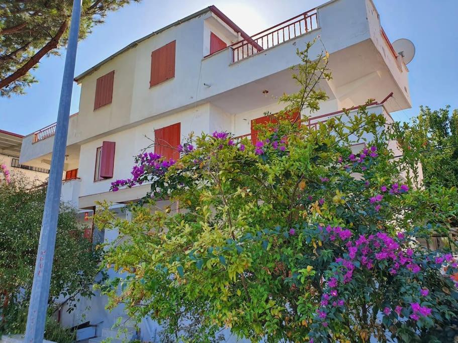 um edifício branco com janelas vermelhas e flores roxas em A Vacation House 60 m. To Seashore em Kusadasi