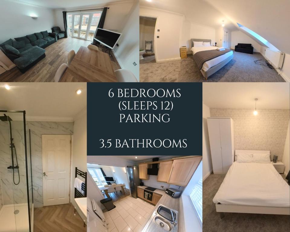 un collage de cuatro fotos de una habitación en Large 6 bed house - 6 Bedrooms - Parking WIFI 6 smart TVs 3 shower rooms 4 WCs, en Kettering