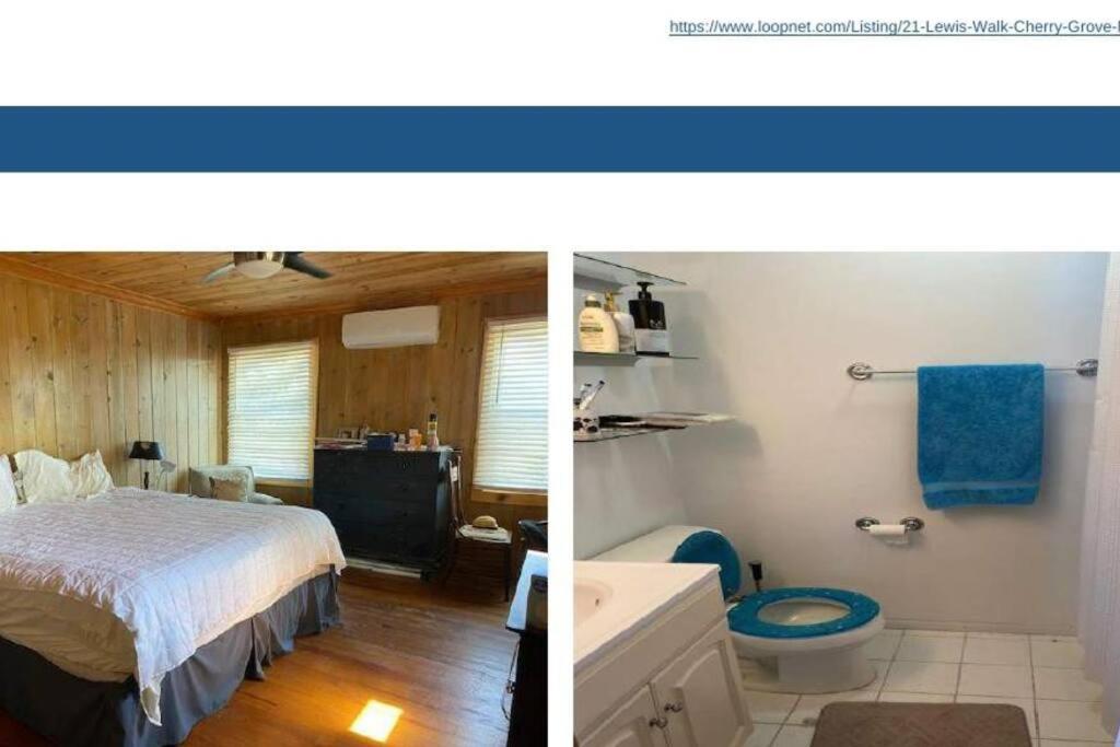 twee foto's van een slaapkamer met een bed en een badkamer bij El Compound in Cherry Grove