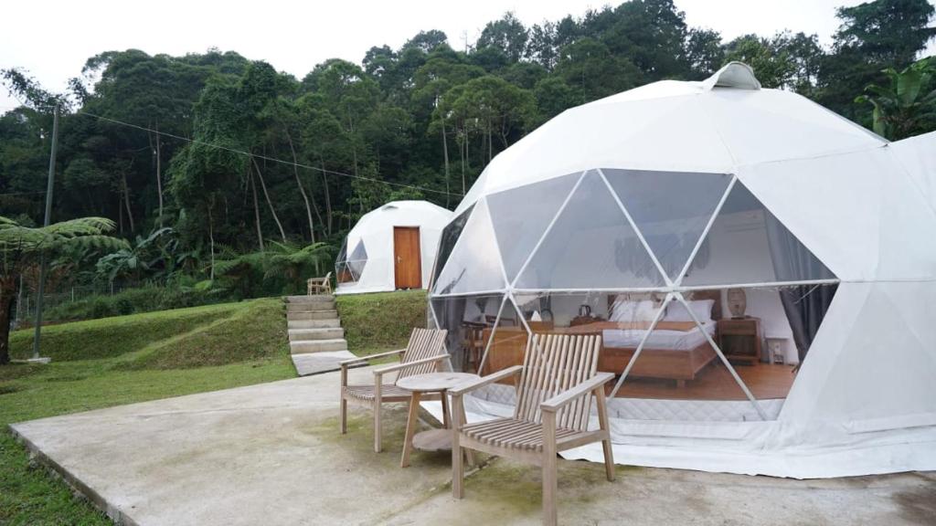 uma tenda branca com cadeiras e uma cama em Tiris Pisan Glamping & Resort Puncak em Cikuray