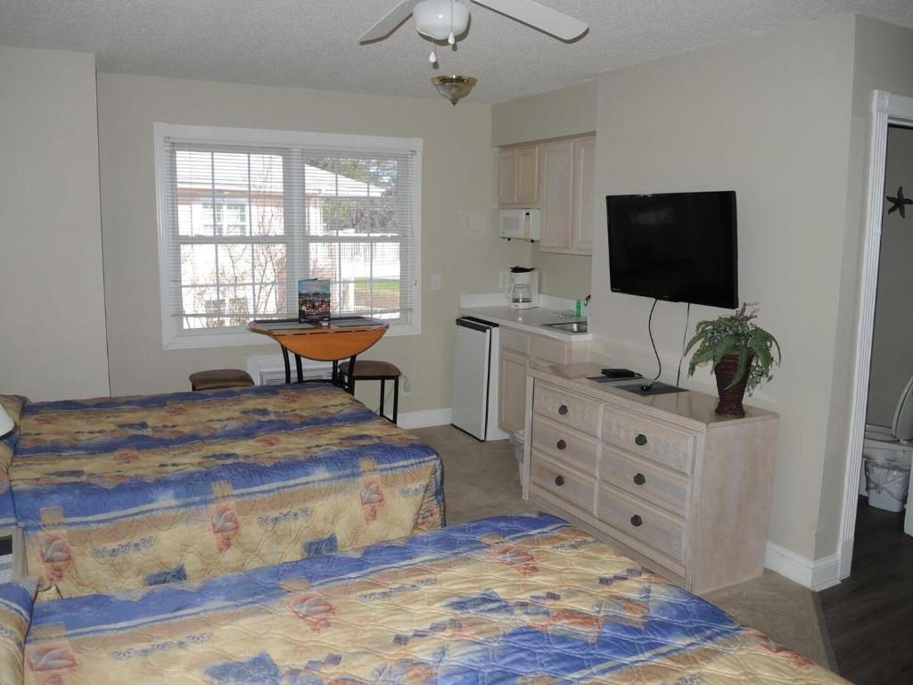 a bedroom with two beds and a flat screen tv at Brunswick Plantation Studio Home 407L with Onsite Golf Course and Pools studio in Calabash