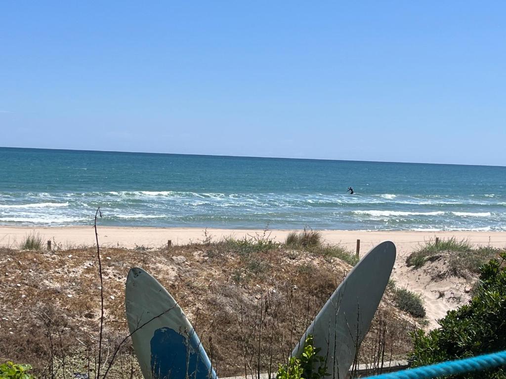 two surfboards sticking out of the sand at the beach at Apartamento de un dormitorio con jardin in Gandía