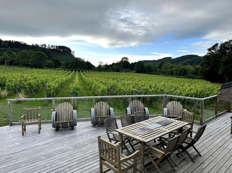 a wooden deck with a table and chairs and a vineyard at Vineyard Country Cottage in Llanerch-Aeron