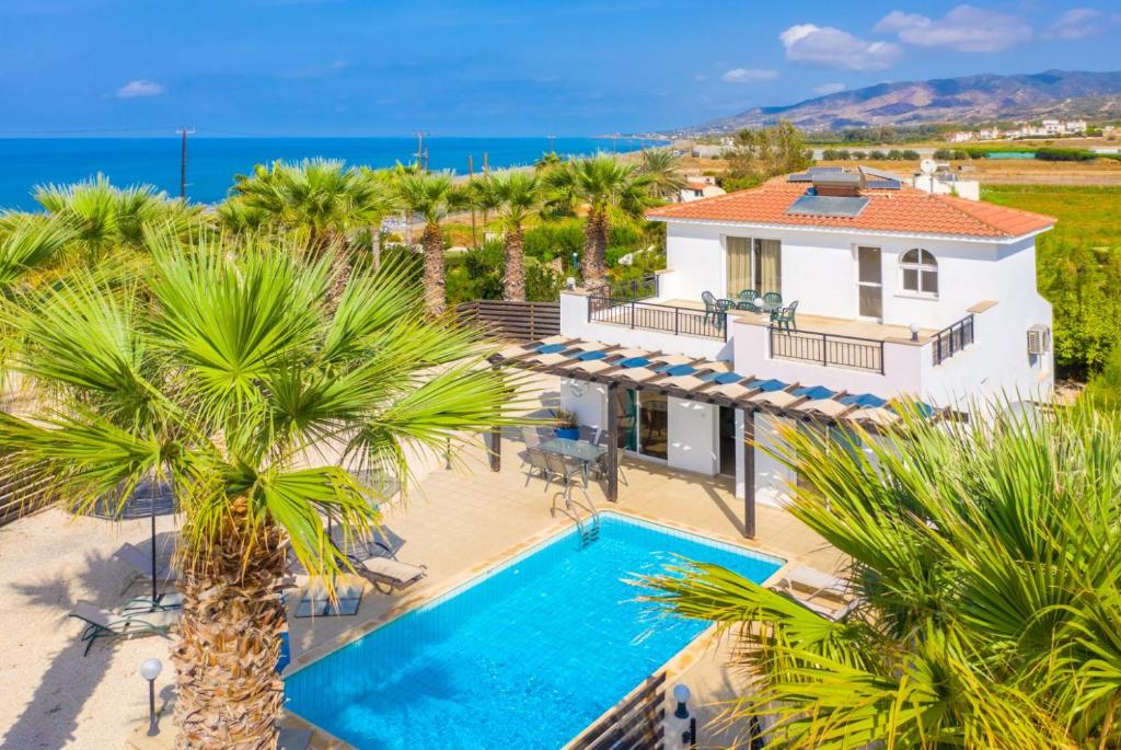 an aerial view of a house with a swimming pool and palm trees at Villa Aspelia in Neo Chorio