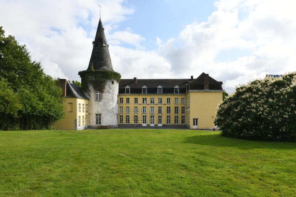 ein großes Gebäude mit einem Turm auf einem Grasfeld in der Unterkunft Château de Bellignies 