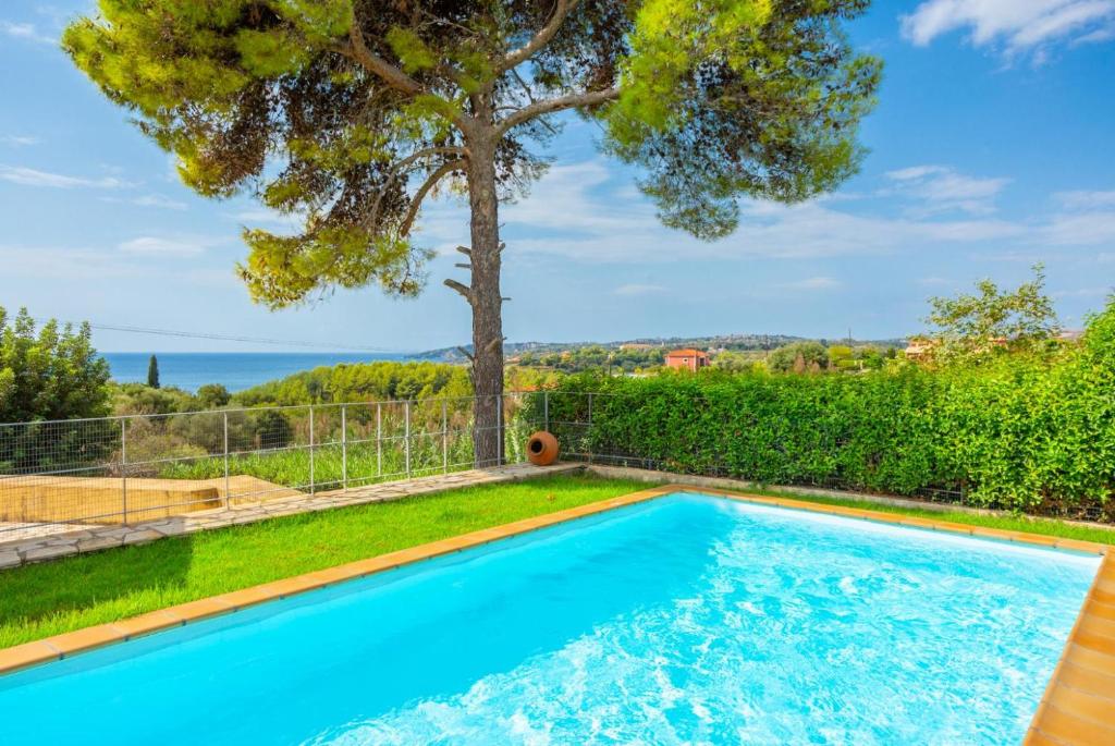 a swimming pool with a tree in the background at Villa Nora in Trapezaki