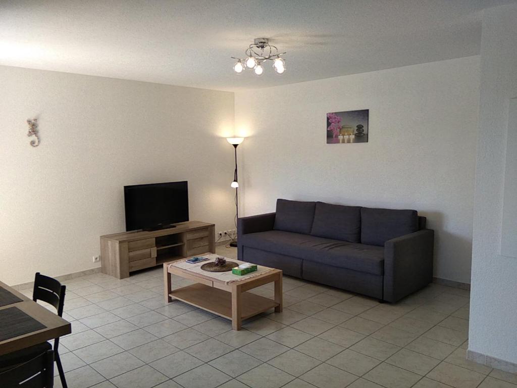 ein Wohnzimmer mit einem Sofa und einem TV in der Unterkunft Appartement T2, 4 personnes, disponible jusqu au Samedi 2 sept 2023 in Le Cannet-des-Maures