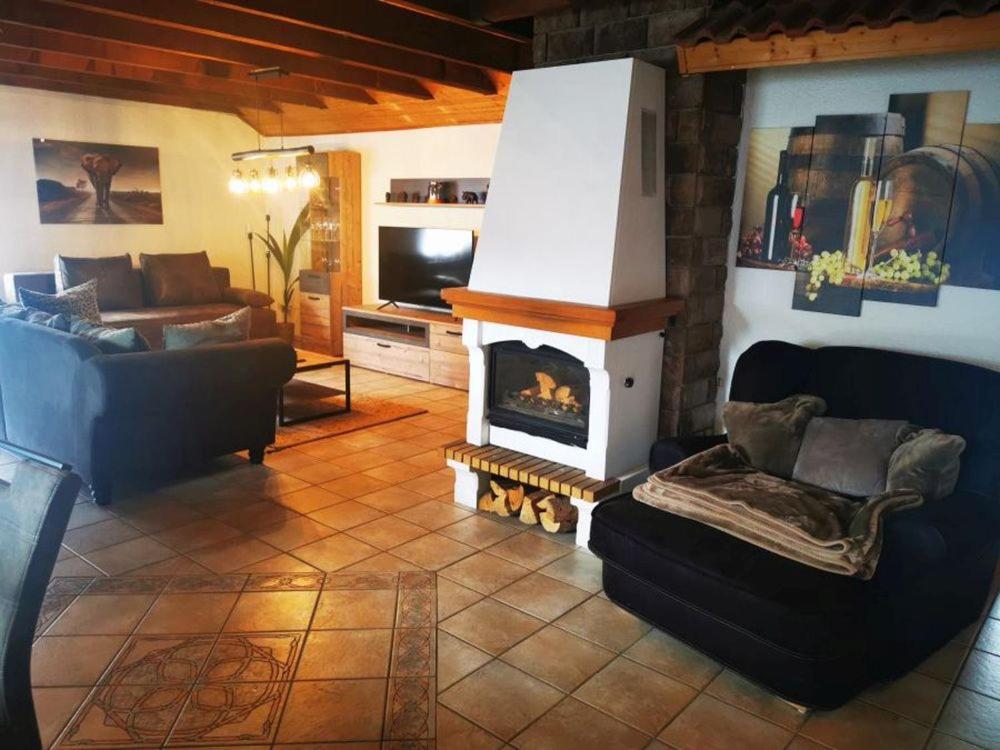 sala de estar con chimenea y sofá en FeWo Pfälzer Felsenlandschaft en Pirmasens