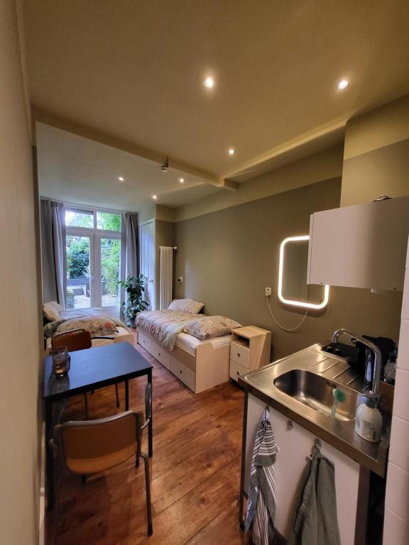 a room with a bed and a kitchen with a sink at De Doorgang in Groningen