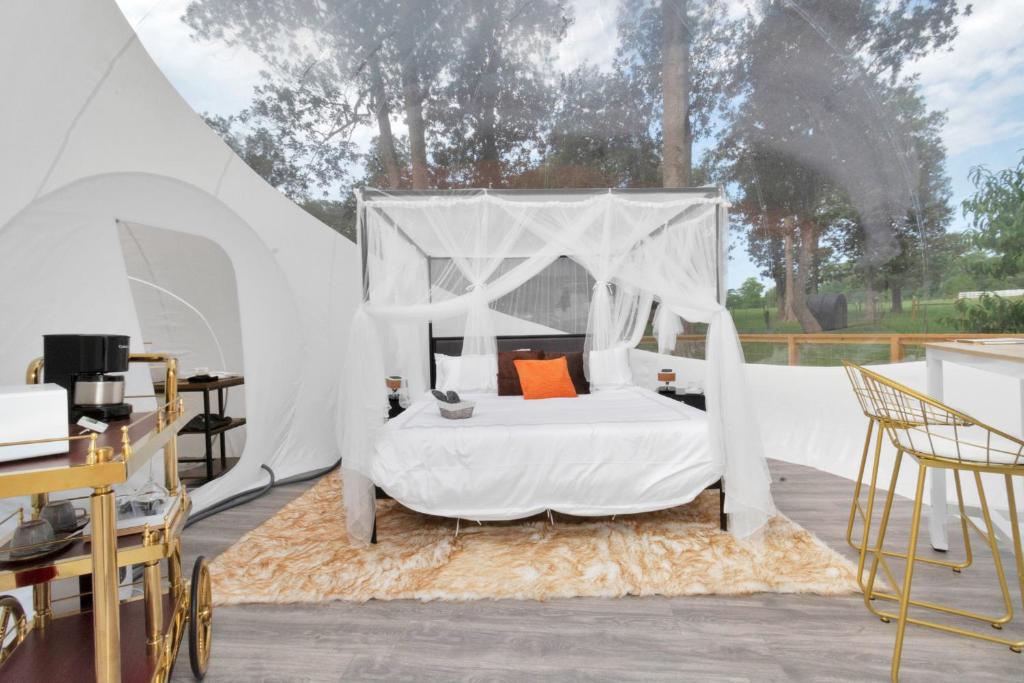 a bedroom with a white canopy bed on a rug at Bespoke Outdoor Bubbles in Cleveland