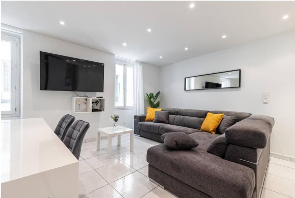un salon avec un canapé et une télévision dans l'établissement Grand appartement- Le Port A/C, à Nice