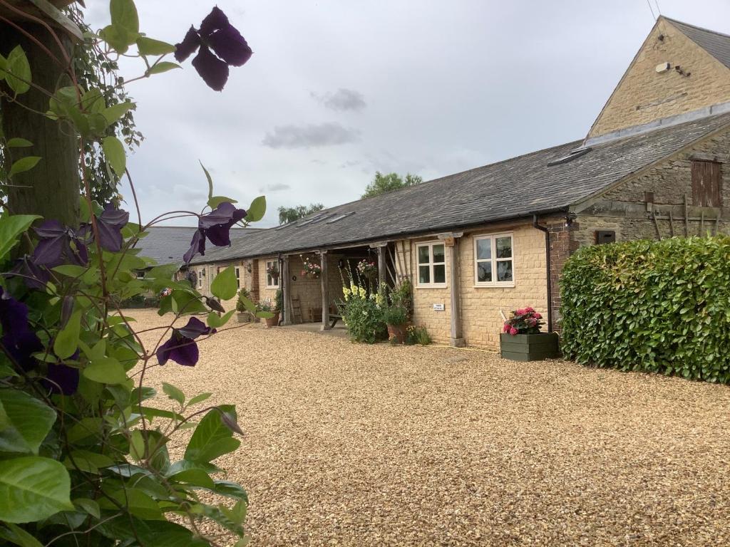 an external view of a house with a gravel driveway at Hollyhock Cottage, Clematis cottages, Stamford in Stamford