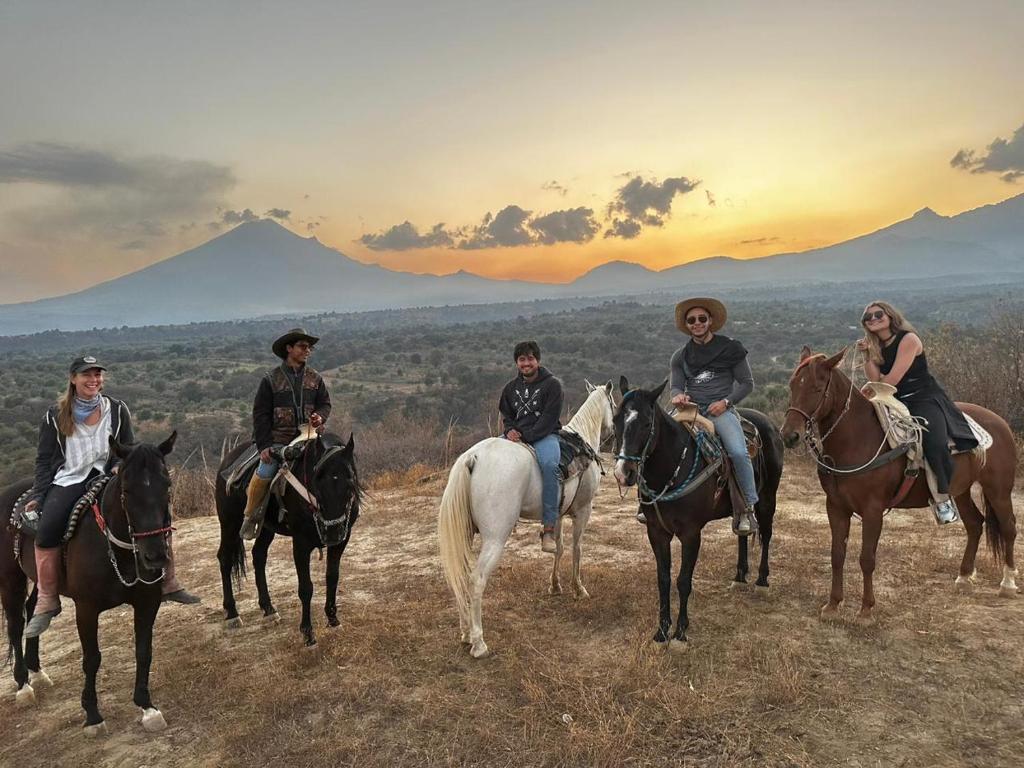 a group of people riding horses in a field at Vive en un rancho in Puebla