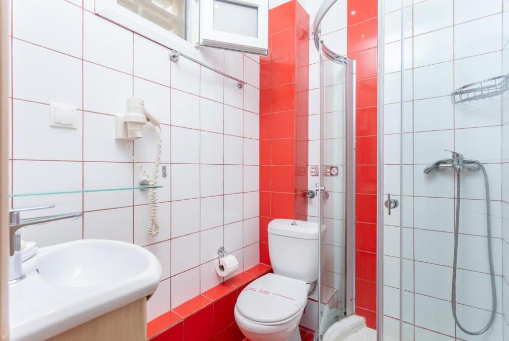 łazienka z toaletą, umywalką i prysznicem w obiekcie Niki Studio Dio w mieście Lákka