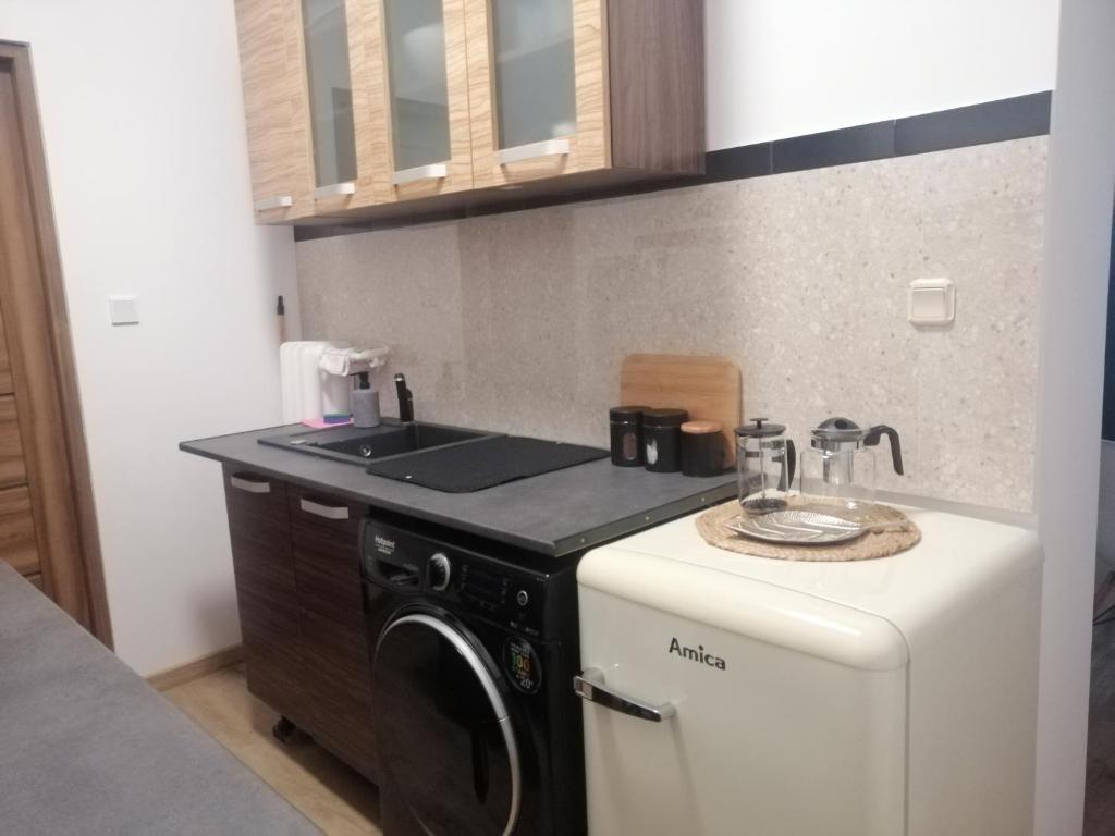 a kitchen with a washing machine and a sink at Karkonoskie Cztery Kąty in Karpacz